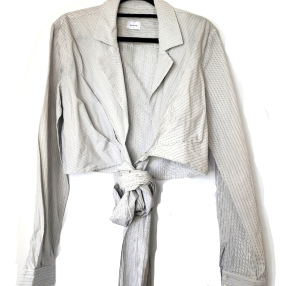 Sheike Tops - Sheike top pin striped long sleeve notch collar wrap shirt - size 10